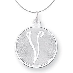 Silver, Makayla Collection, 20mm Disc Initial V Necklace - 24 In